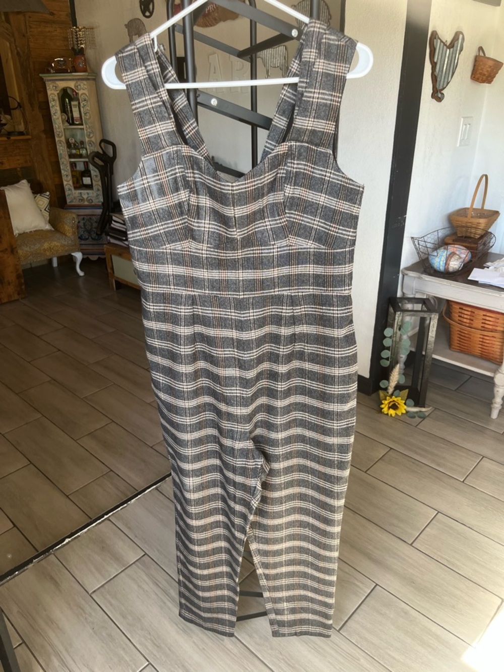Sugarlips Plaid Sleeveless Jumpsuit in Gray and Cream